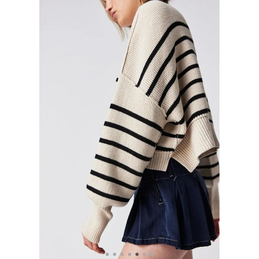 Free People Easy Street Striped Crop Sweater Cream‎ Black Knit Womens Small